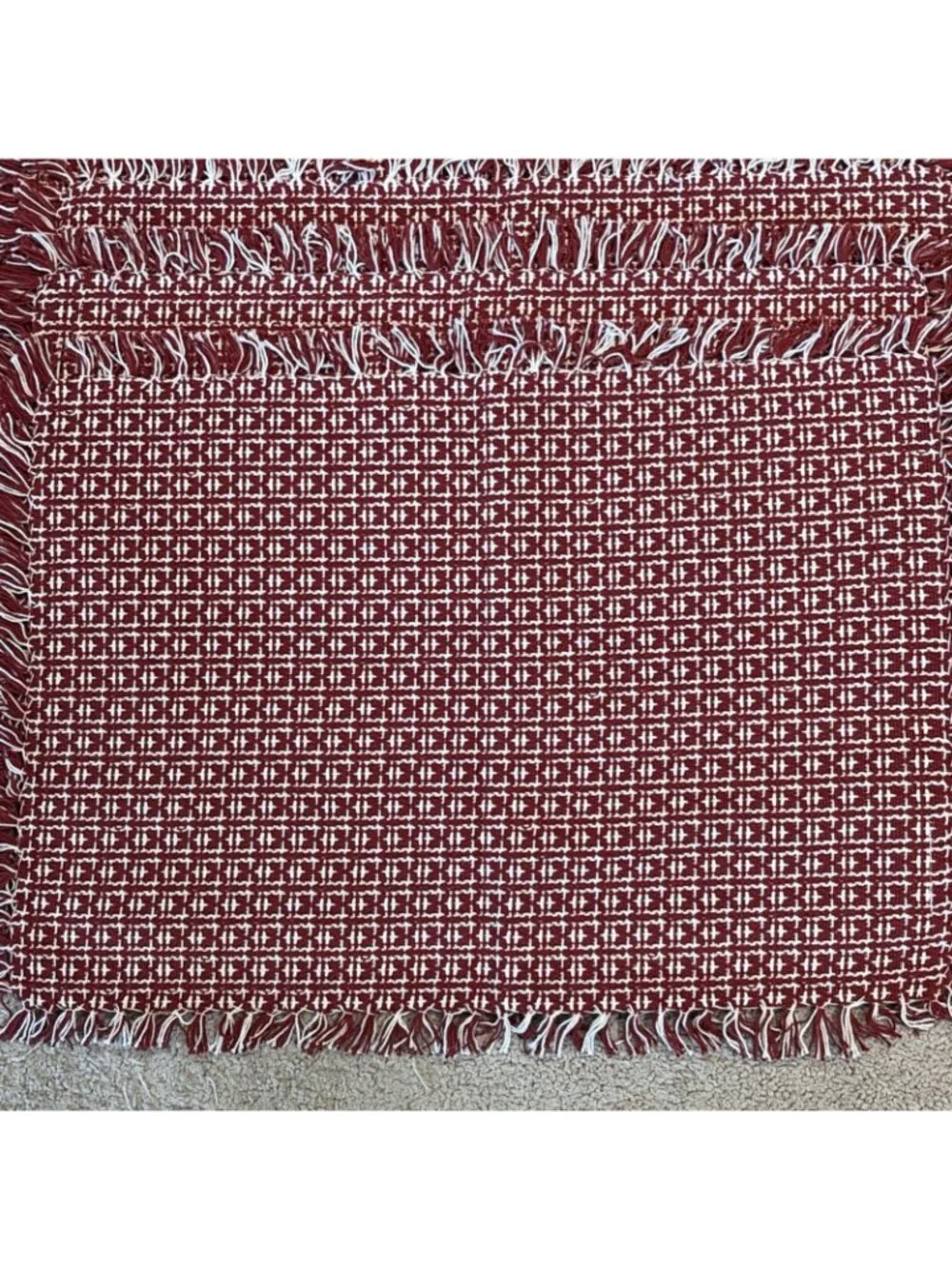 6 Woven Cotton Placemats Cottage Farmhouse Country Fringed Red & White 21 X 15